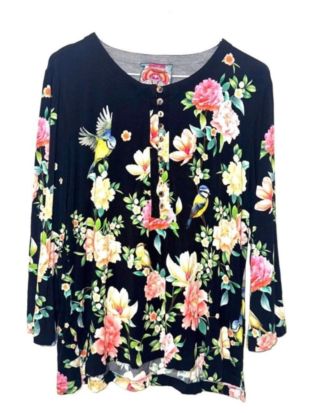 Johnny Was Floral Bird Print Henley Shirt - Black/Multi XS